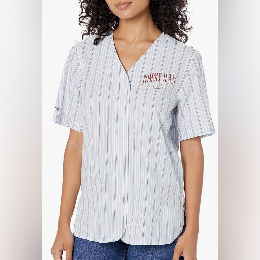 NEW Tommy Hilfiger Woven Baseball Button Up Striped Shirt L
